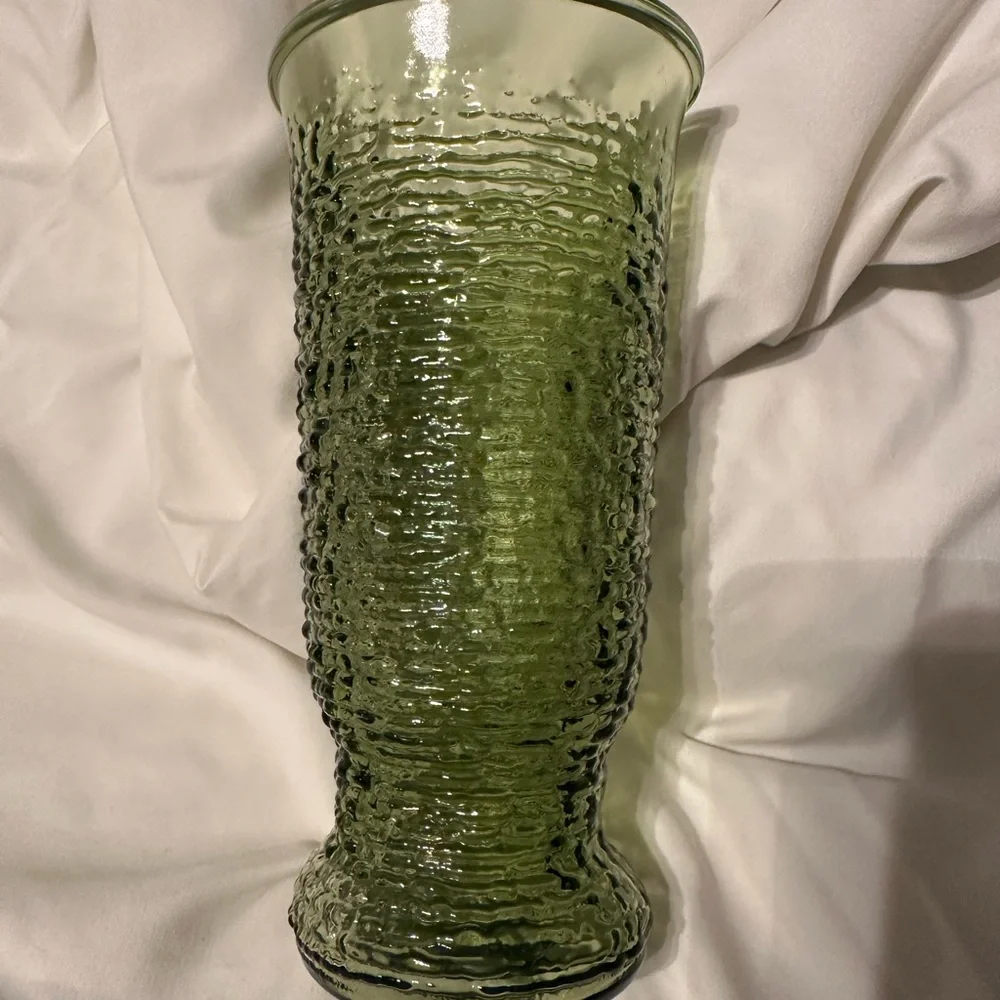 Vintage Art Deco Anchor Hocking Green Glass Large Crinkle Pressed Napco Vase